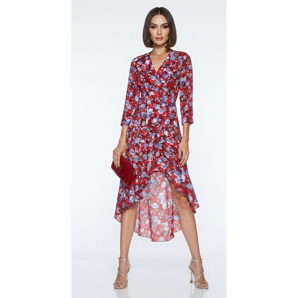 Alexis dress red blue Small floral pattern wrap lorna dress ruffle hem silk